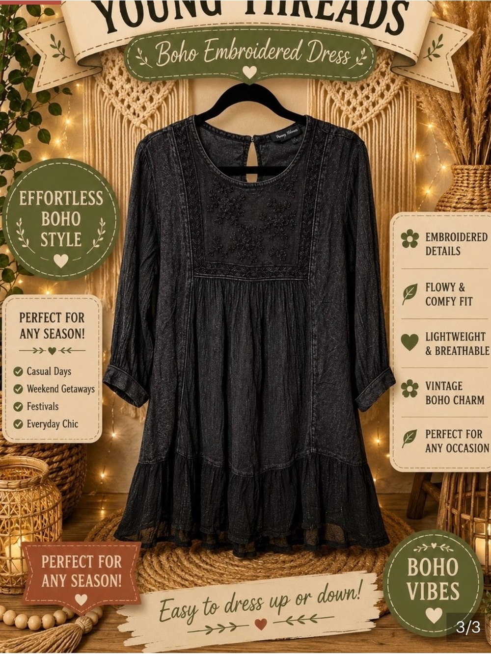 Young Threads Black Crochet Tiered Long-Sleeve Dress - Picture 3 of 6
